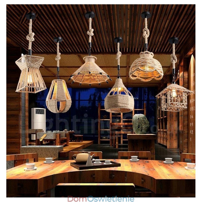 1 Światło Rustykalna Lampa Wisząca Cafe Lodge Hemp Rope Lampa Wisząca
