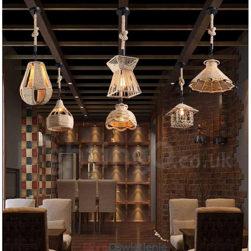 1 Światło Rustykalna Lampa Wisząca Cafe Lodge Hemp Rope Lampa Wisząca