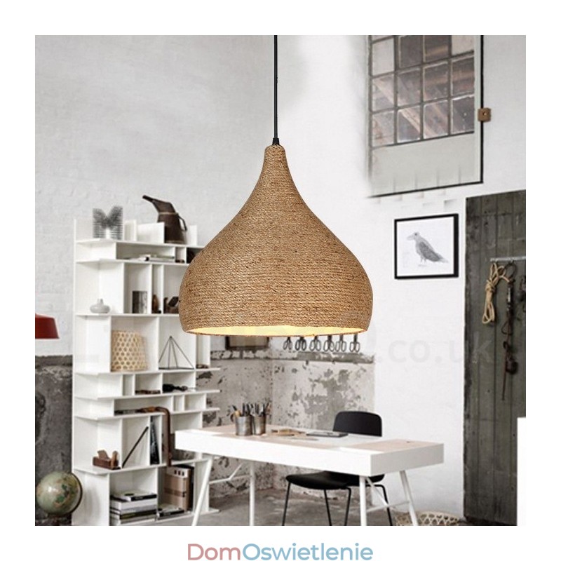 1-punktowa lampa wisząca z konopnej liny w stylu retro rustykalnym z kloszem z konopnej liny