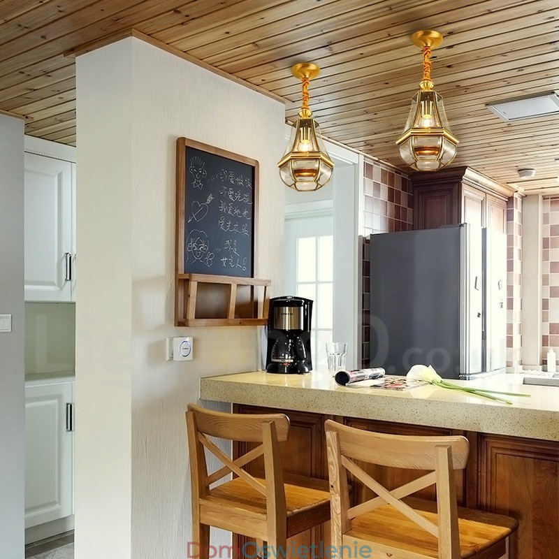 1-punktowa lampa wisząca retro rustykalna luksusowa mosiężna z kloszem szklanym