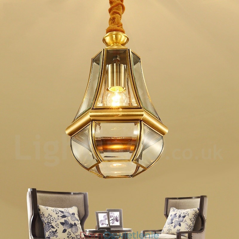 1-punktowa lampa wisząca retro rustykalna luksusowa mosiężna z kloszem szklanym