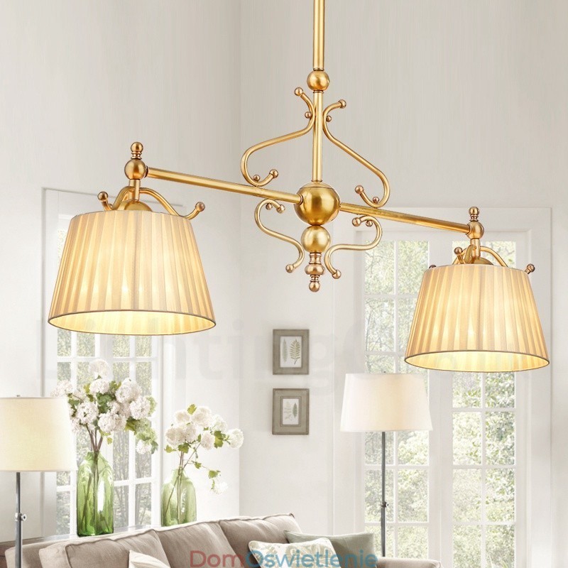 2-punktowa lampa wisząca retro rustykalna luksusowa mosiężna z abażurem z tkaniny