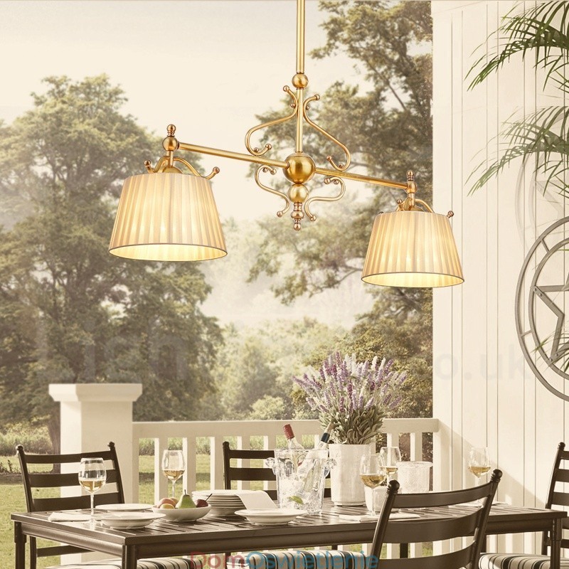 2-punktowa lampa wisząca retro rustykalna luksusowa mosiężna z abażurem z tkaniny