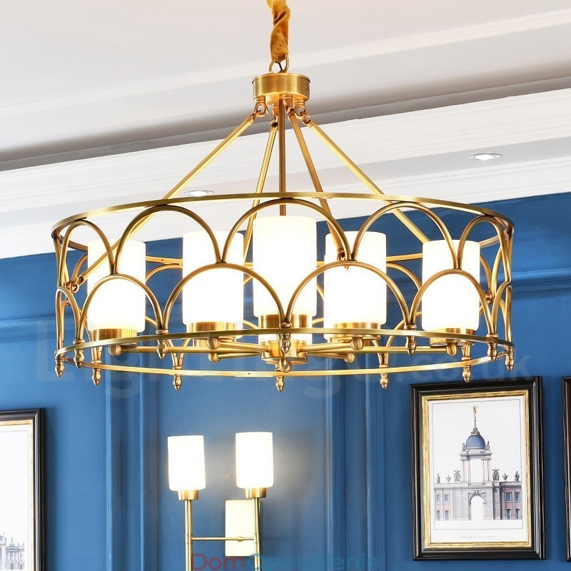 8-punktowa lampa wisząca retro rustykalna luksusowa mosiężna z kloszem szklanym