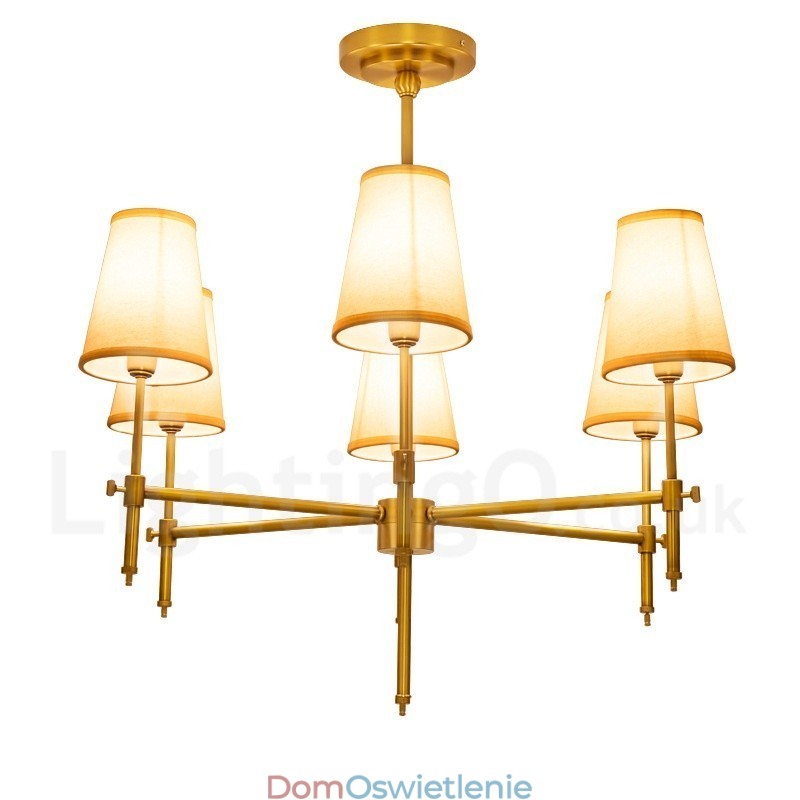 6-punktowa lampa wisząca retro rustykalna luksusowa mosiężna z abażurem z tkaniny