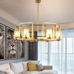 6-punktowy żyrandol wiszący w stylu retro rustykalnym z luksusowym mosiądzem i szklanym kloszem