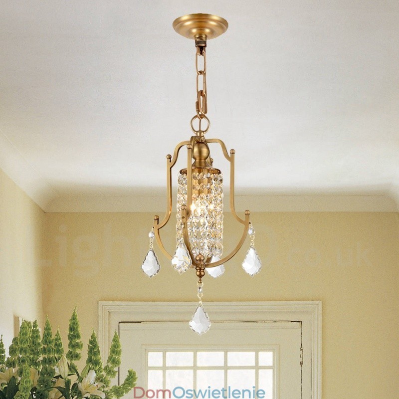 1-punktowa lampa wisząca retro rustykalna luksusowa mosiężna z kryształowym kloszem