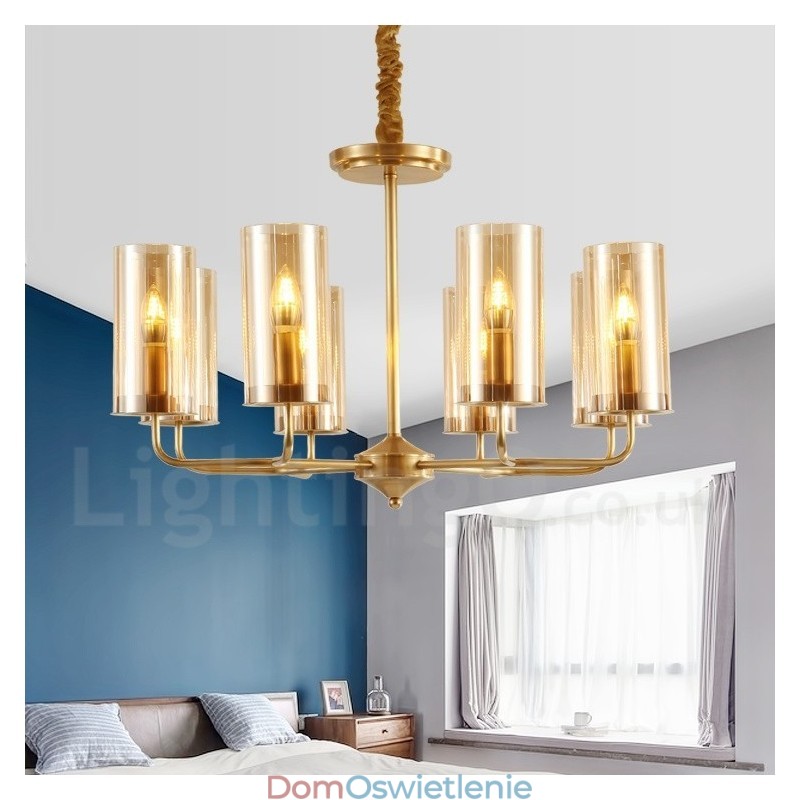 8-punktowa lampa wisząca retro rustykalna luksusowa mosiężna z kloszem szklanym