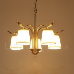 5-punktowa lampa wisząca retro rustykalna luksusowa mosiężna z abażurem z tkaniny