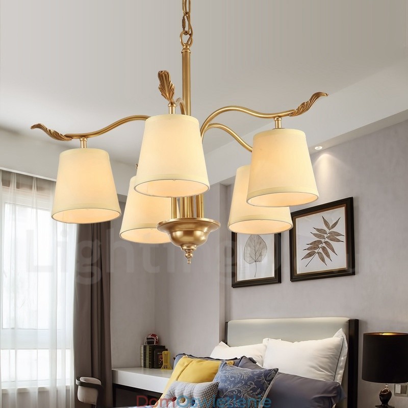 5-punktowa lampa wisząca retro rustykalna luksusowa mosiężna z abażurem z tkaniny