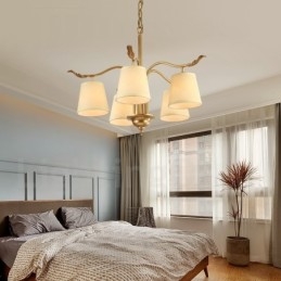 5-punktowa lampa wisząca retro rustykalna luksusowa mosiężna z abażurem z tkaniny