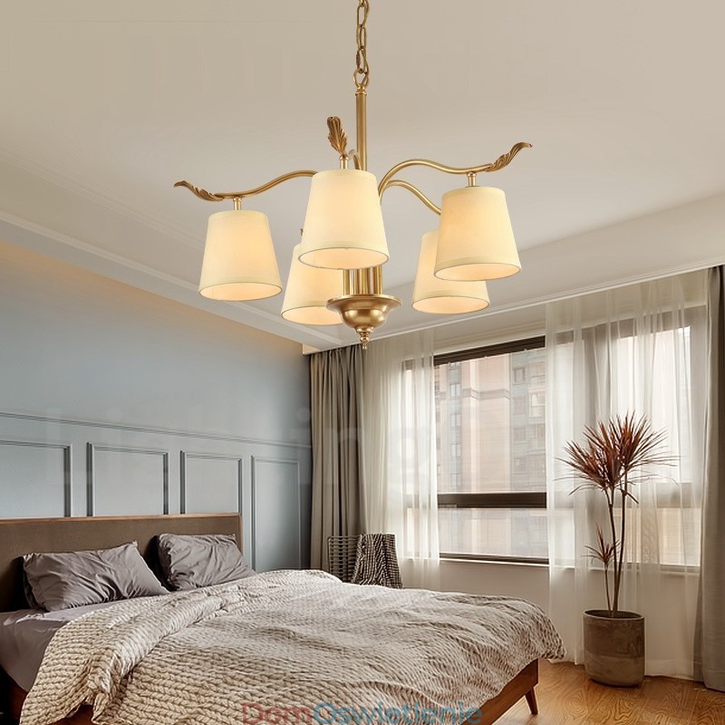 5-punktowa lampa wisząca retro rustykalna luksusowa mosiężna z abażurem z tkaniny