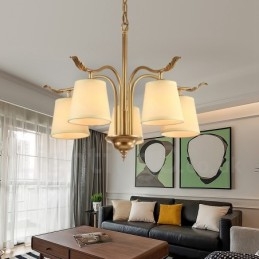 5-punktowa lampa wisząca retro rustykalna luksusowa mosiężna z abażurem z tkaniny