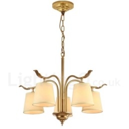 5-punktowa lampa wisząca retro rustykalna luksusowa mosiężna z abażurem z tkaniny