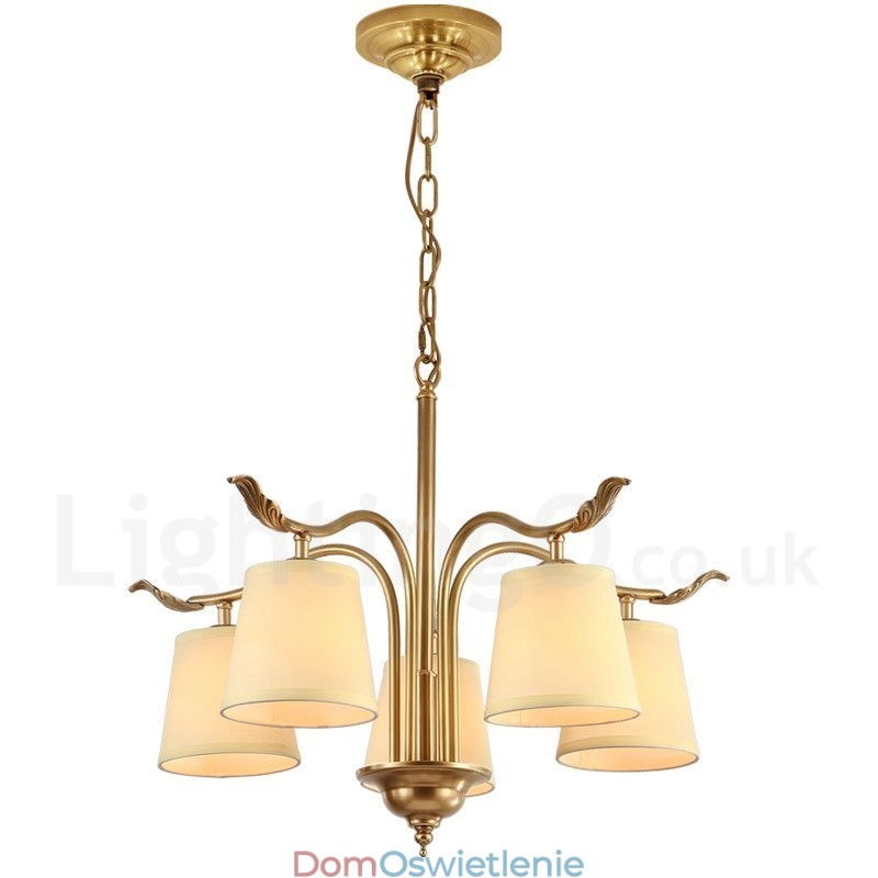 5-punktowa lampa wisząca retro rustykalna luksusowa mosiężna z abażurem z tkaniny