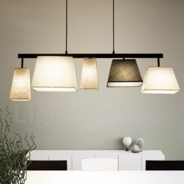 Nowoczesna, współczesna lampa wisząca ze stali z 5 światłami i abażurem z tkaniny
