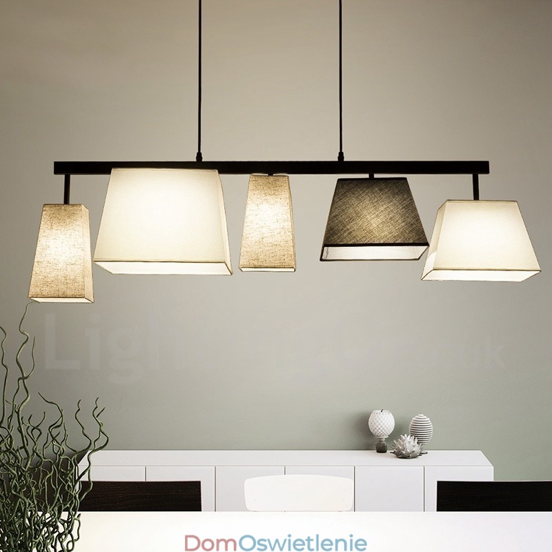 Nowoczesna, współczesna lampa wisząca ze stali z 5 światłami i abażurem z tkaniny