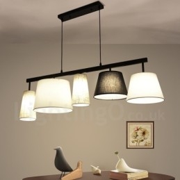 Nowoczesna, współczesna lampa wisząca ze stali z 5 światłami i abażurem z tkaniny