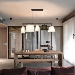 Nowoczesna, współczesna lampa wisząca ze stali z 5 światłami i abażurem z tkaniny