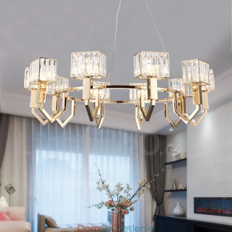 Nowoczesna, współczesna lampa wisząca ze stali 10 świateł z kryształowym kloszem