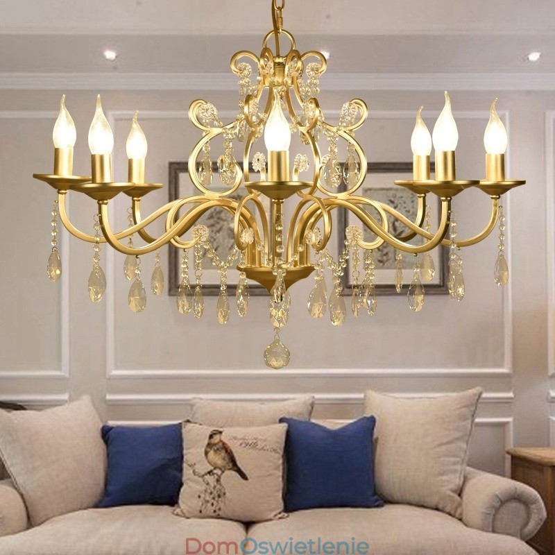 Rustykalny żyrandol stalowy z 8 światłami i kloszem z tkaniny