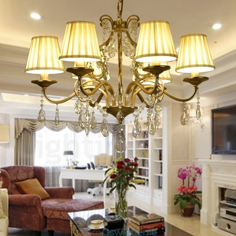 Rustykalny żyrandol stalowy z 8 światłami i kloszem z tkaniny