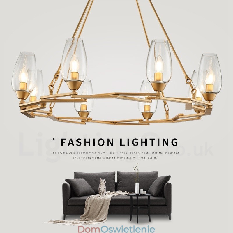 Nowoczesna, współczesna lampa wisząca ze stali z 8 światłami i szklanym kloszem