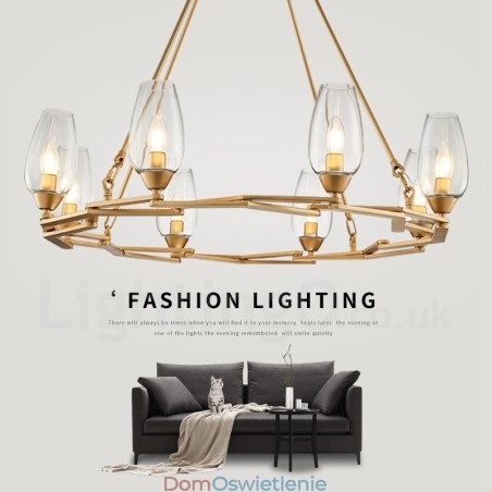 Nowoczesna, współczesna lampa wisząca ze stali z 8 światłami i szklanym kloszem