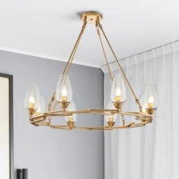 Nowoczesna, współczesna lampa wisząca ze stali z 8 światłami i szklanym kloszem