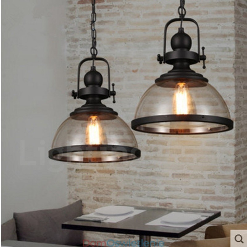 Retro 1 Light Stalowa lampa wisząca z kloszem szklanym