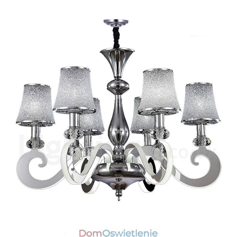 Ściemnialny nowoczesny żyrandol stalowy z 6 światłami i szklanym kloszem