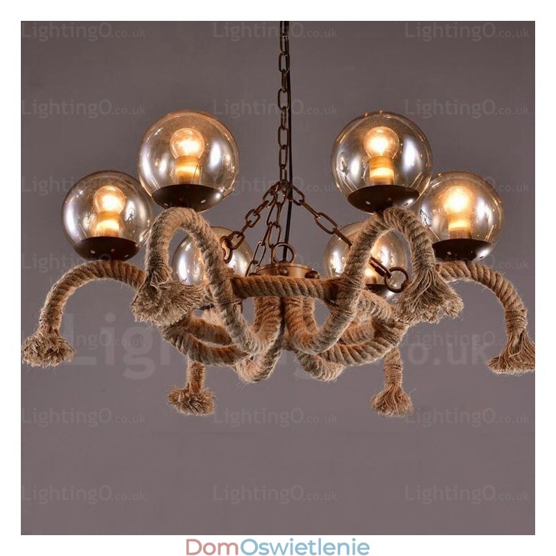 6-punktowa lampa wisząca w stylu vintage retro z kloszem szklanym