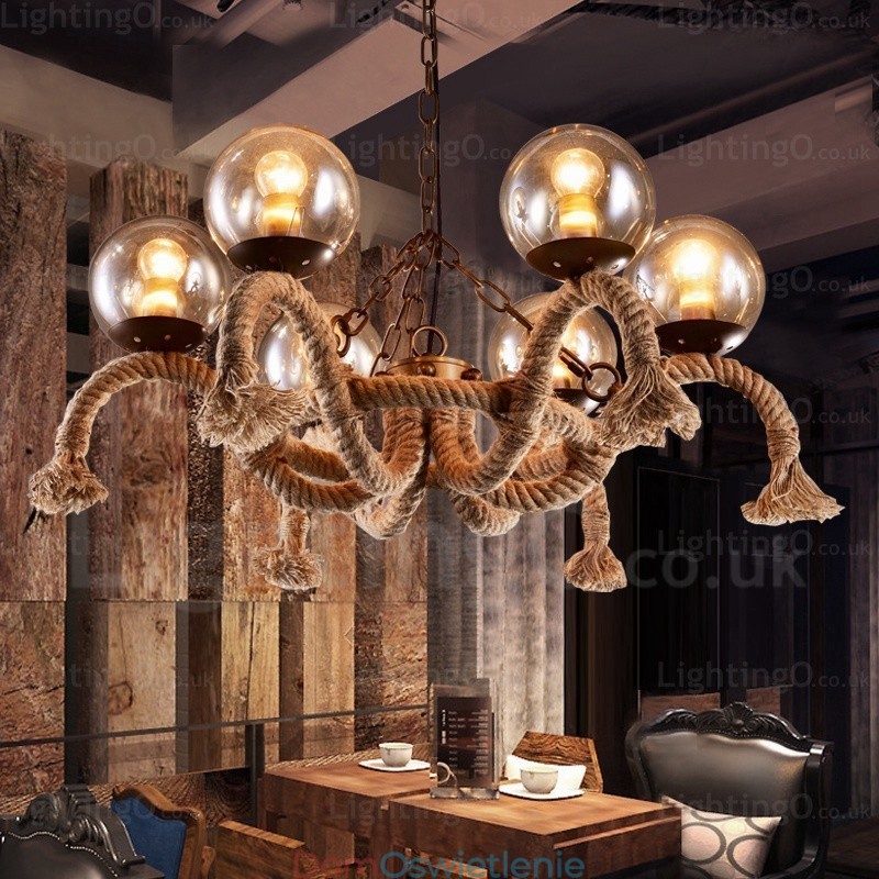 6-punktowa lampa wisząca w stylu vintage retro z kloszem szklanym