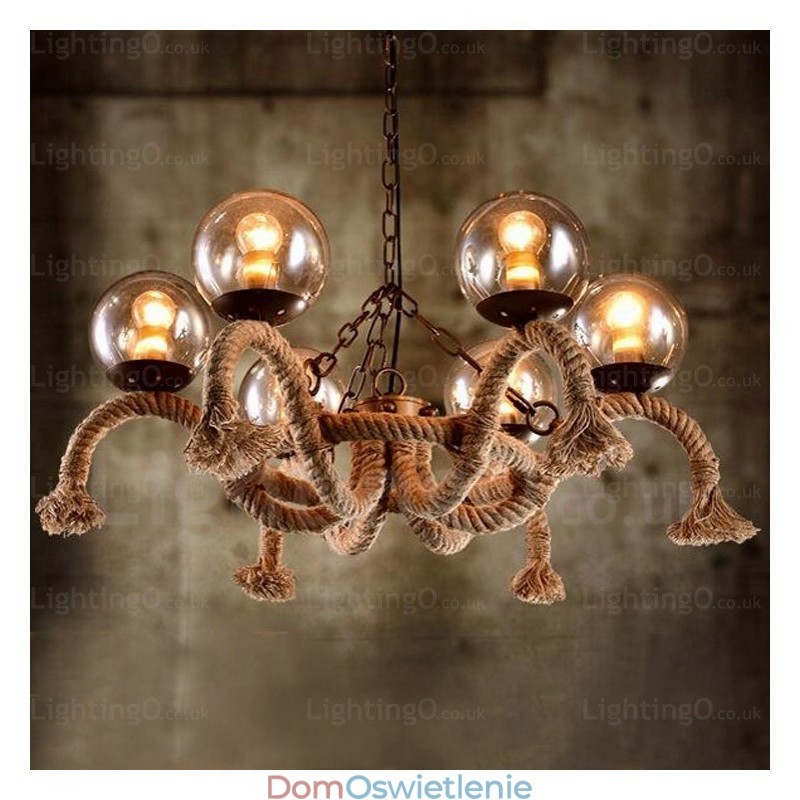 6-punktowa lampa wisząca w stylu vintage retro z kloszem szklanym