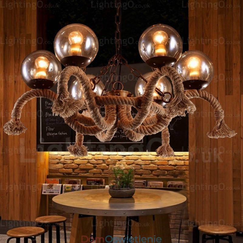 6-punktowa lampa wisząca w stylu vintage retro z kloszem szklanym