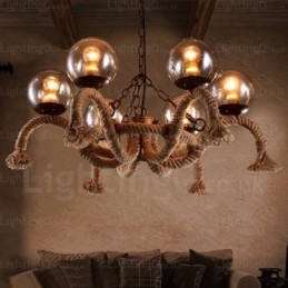 6-punktowa lampa wisząca w stylu vintage retro z kloszem szklanym