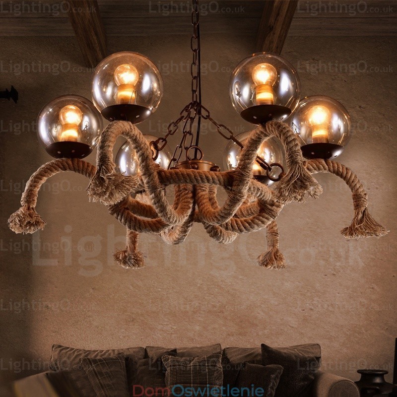 6-punktowa lampa wisząca w stylu vintage retro z kloszem szklanym