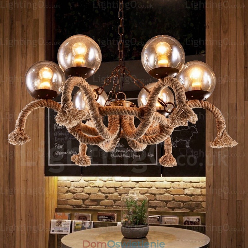 6-punktowa lampa wisząca w stylu vintage retro z kloszem szklanym