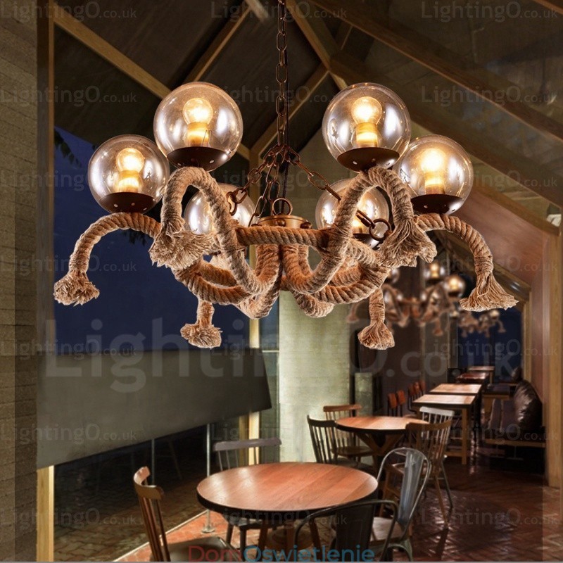 6-punktowa lampa wisząca w stylu vintage retro z kloszem szklanym