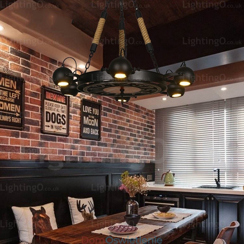 6-punktowa lampa wisząca w stylu vintage retro z kloszem ze stali nierdzewnej