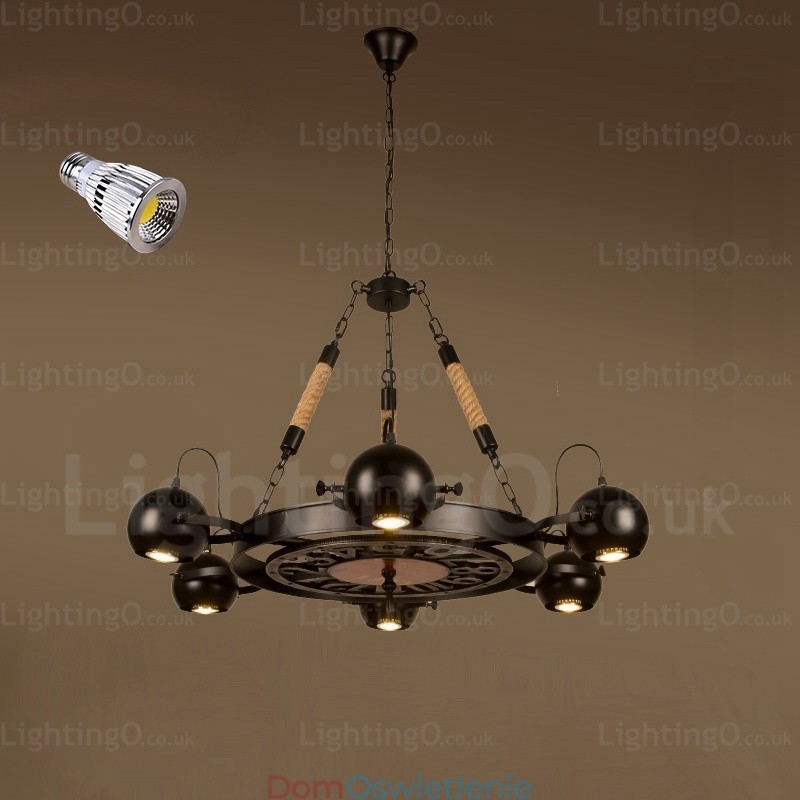 6-punktowa lampa wisząca w stylu vintage retro z kloszem ze stali nierdzewnej