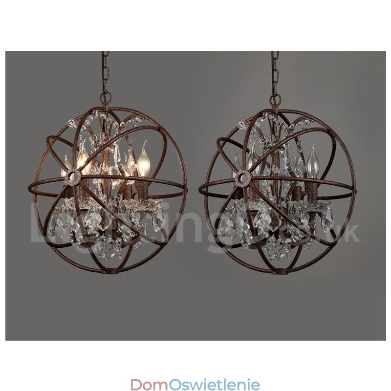 4 światła średnica 40CM Vintage kryształowy glob malowanie metalowy żyrandol rdzawy kolor wisząca lampa