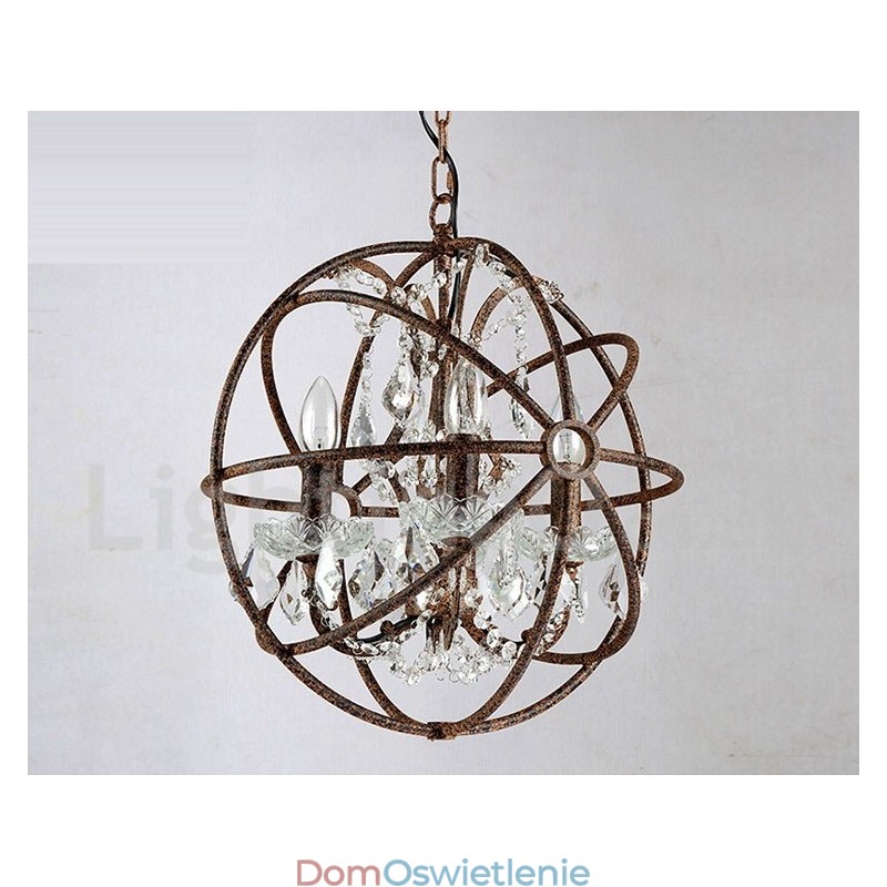 4 światła średnica 40CM Vintage kryształowy glob malowanie metalowy żyrandol rdzawy kolor wisząca lampa