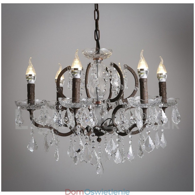 6 Światło Średnica 60 CM Vintage Kryształ Malowanie Metalowy Żyrandol Zardzewiały Żelazny Kolor Wisząca Lampa
