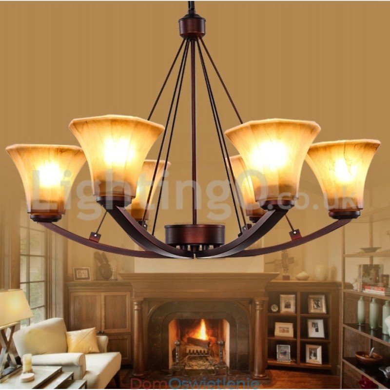 Rustykalny 6 żarówek Klosz szklany Lampa ze stali nierdzewnej Żyrandol