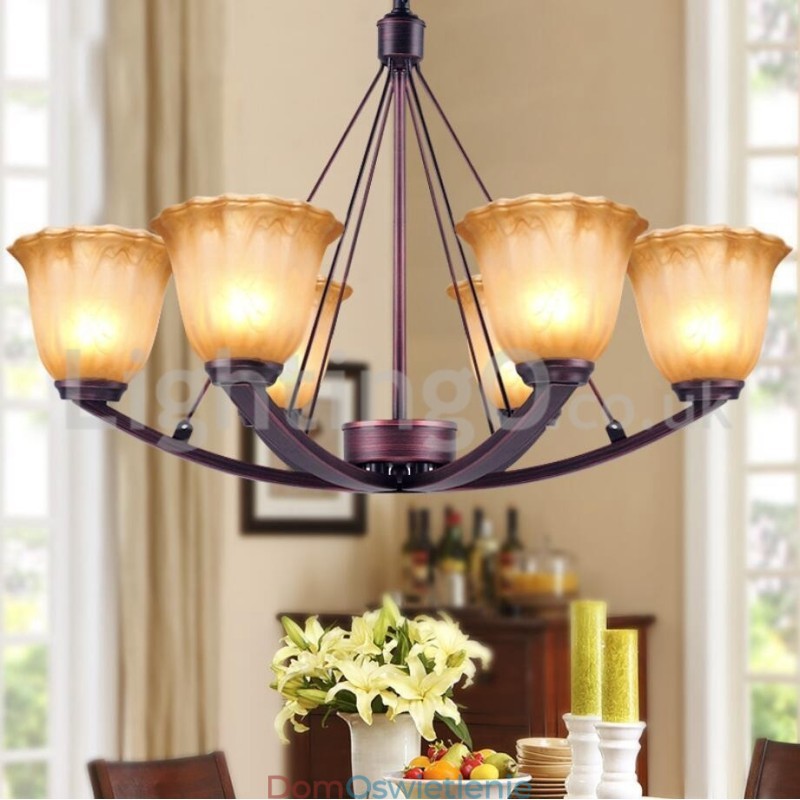 Rustykalny 6 żarówek Klosz szklany Lampa ze stali nierdzewnej Żyrandol