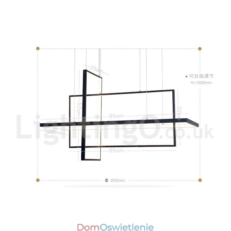 Ściemnialna lampa wisząca z pilotem zdalnego sterowania, nowoczesny design, trzy prostokąty