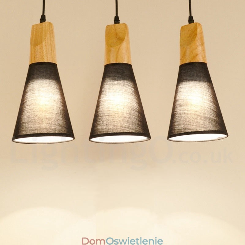 Drewniana nowoczesna lampa wisząca 1 światło 3 światła z kloszem z tkaniny