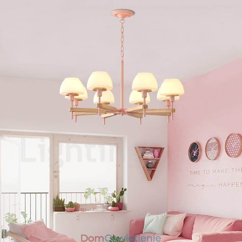 6 świateł 8 świateł wielokolorowe Macaron Wood wiszące światło z kloszami szklanymi żyrandol w stylu nordyckim