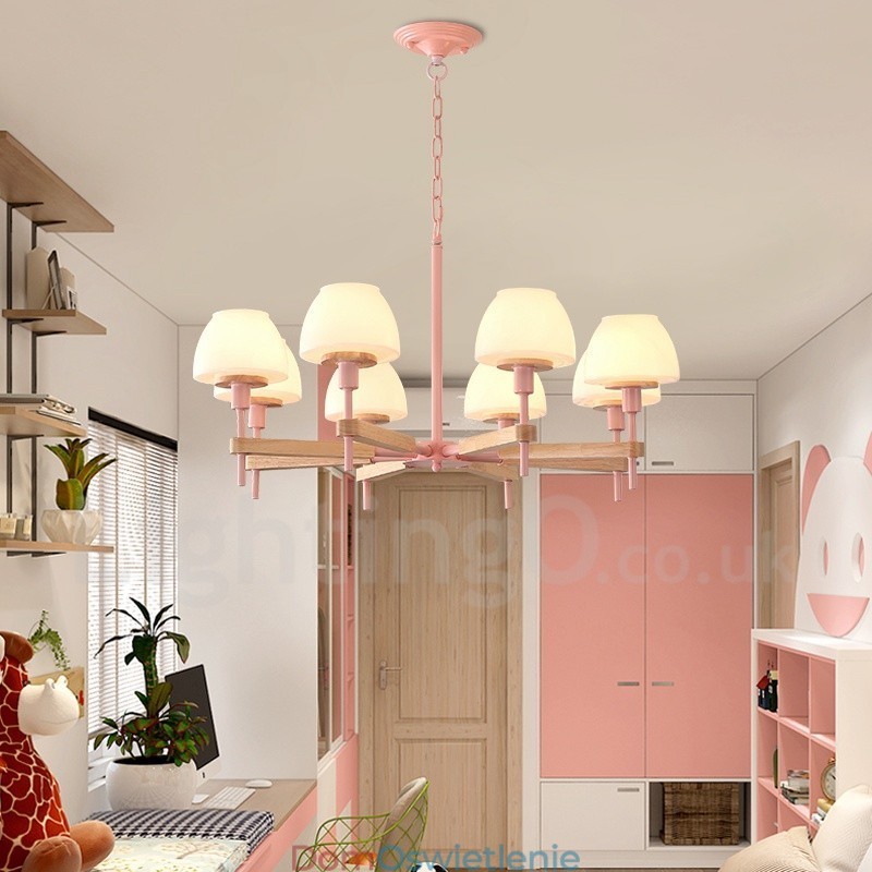 6 świateł 8 świateł wielokolorowe Macaron Wood wiszące światło z kloszami szklanymi żyrandol w stylu nordyckim